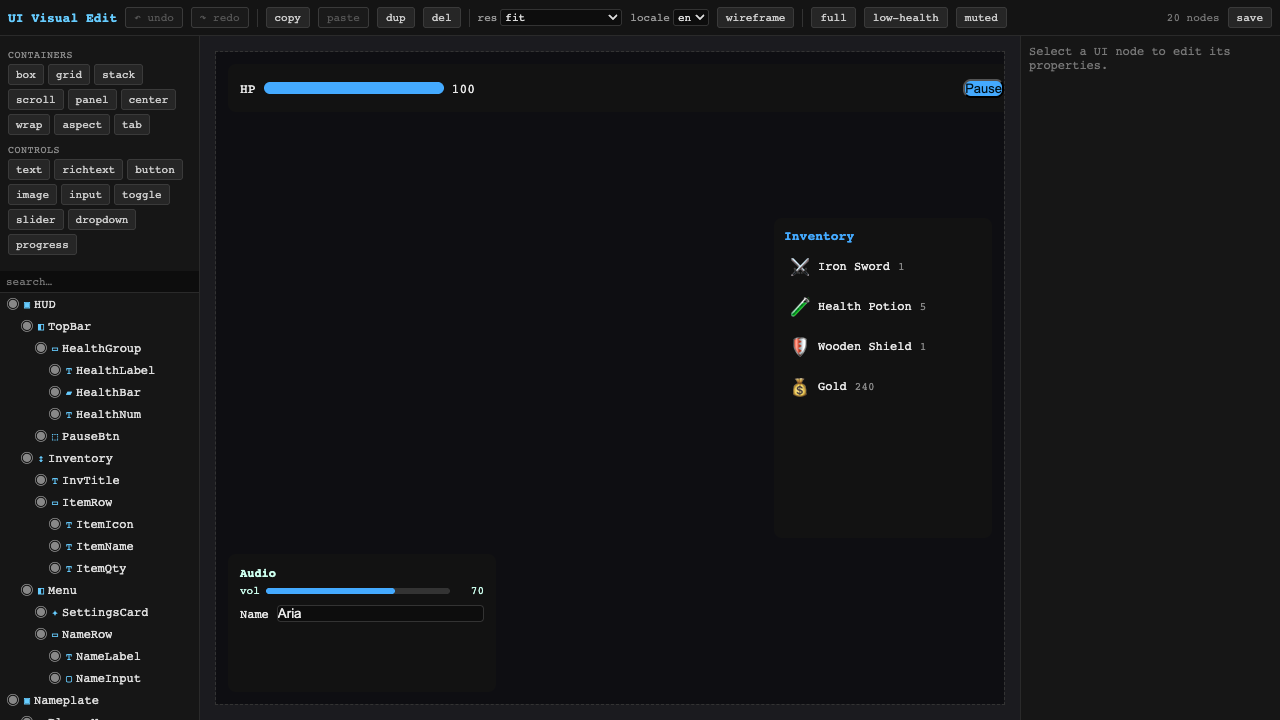 The node tree alongside the rendered UI