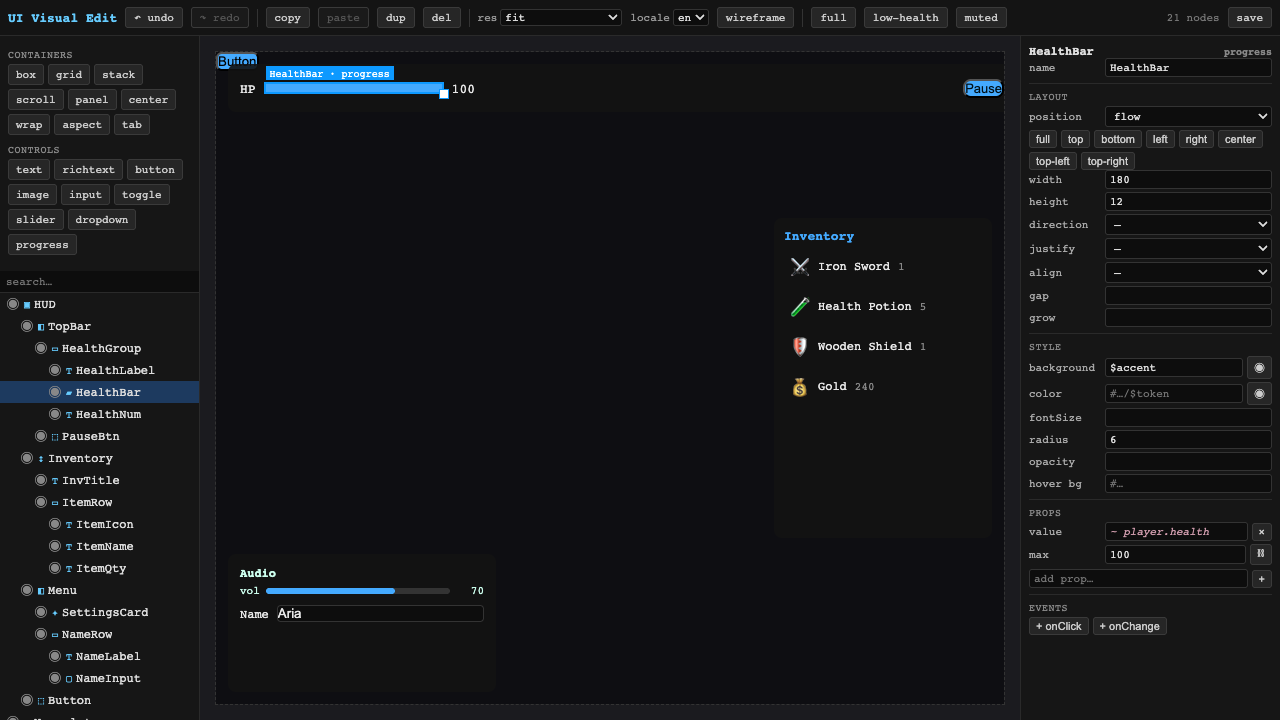 The inspector for the selected HealthBar node